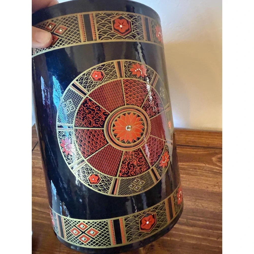 Vintage Chinoiserie Ice Bucket Faux Bamboo Handle Red and Black Intricate Design